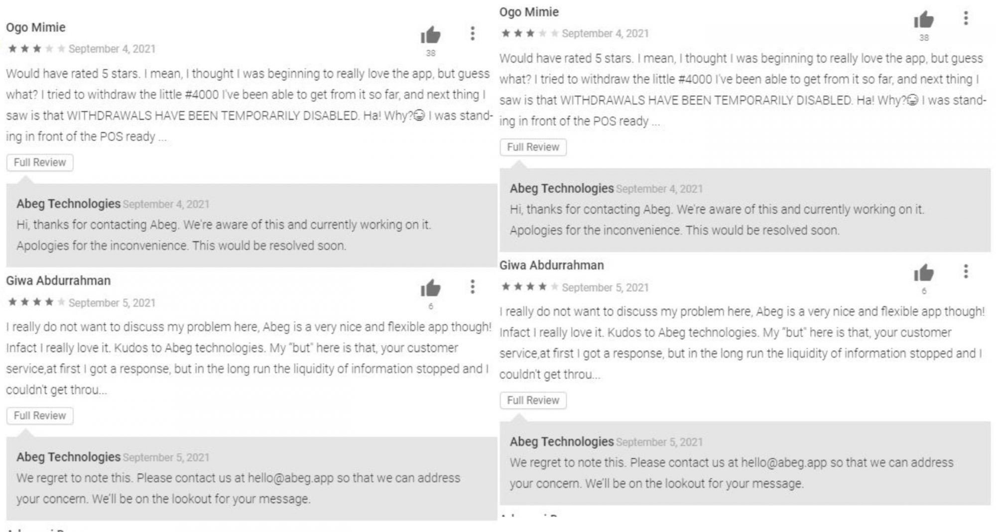 Abeg app review on google playstore