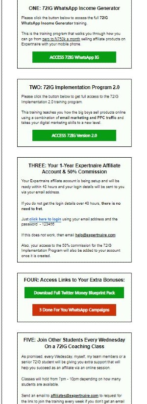 72ig implementation program training and whatsapp income generator content